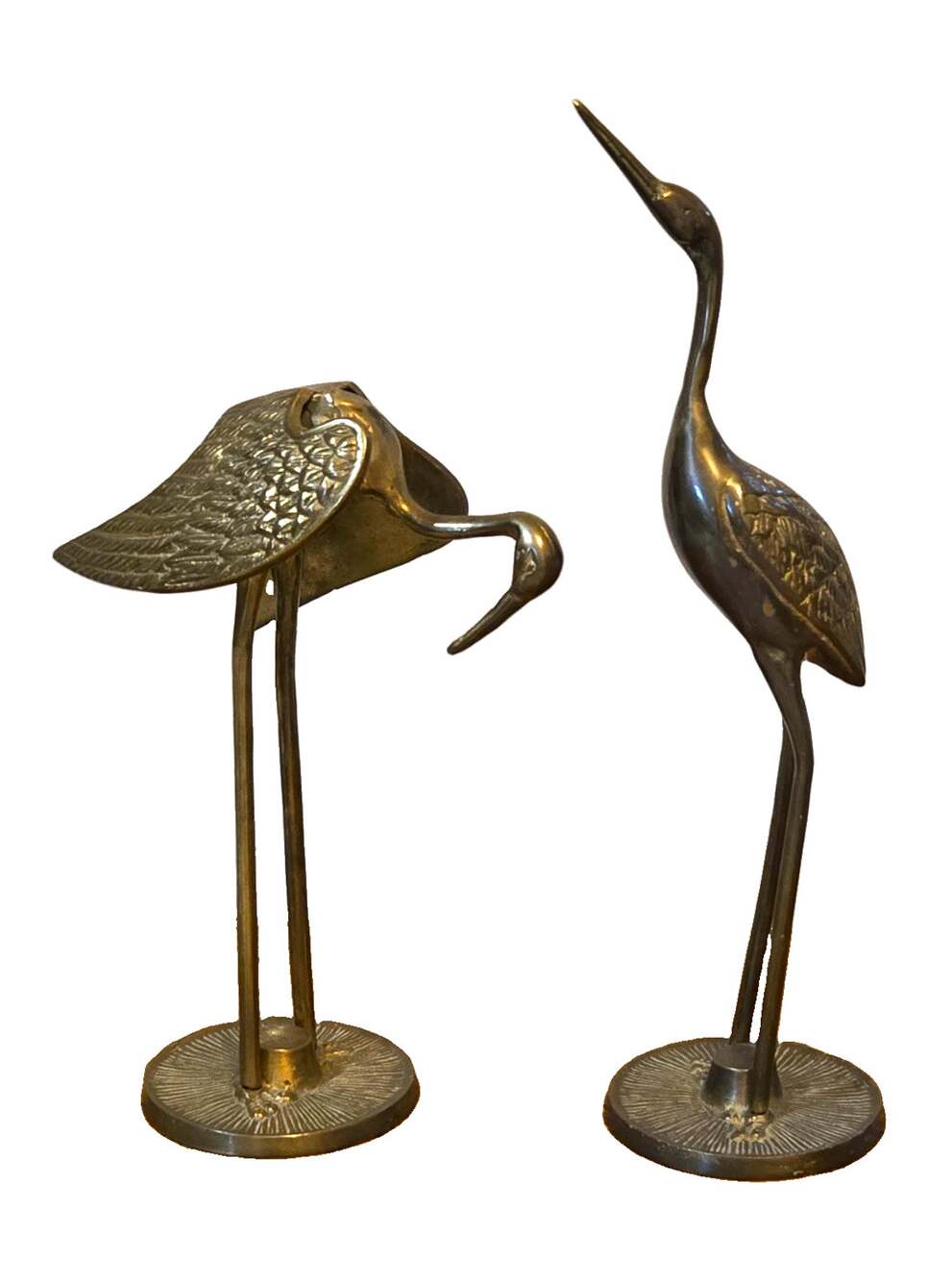Vintage Brass Crane Egret Figurines Pair 12" & 8.5" Mid Century Modern Decor MCM